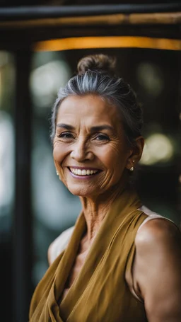 Portrait of a 60 year old Olive skinned woman with greying hair tied up in a bun, smiling