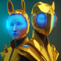 Front portrait, ciber woman with rabbit mask, cyberpunk style, latex suit, gold pink and blue style, photo studio, vibrant color, highly detailed, concept art, smooth, unreal engine 5, god rays, ray tracing, RTX, lumen lighting, ultra detail, volumetric lighting.