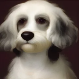 Portrait of a black and white Cavachon, looking to the side and smiling by Michelangelo