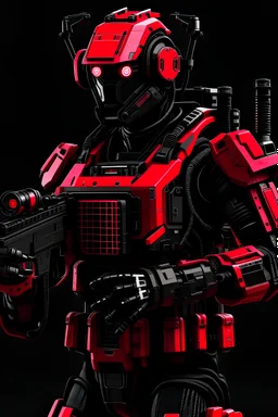 an army robot. guns are attached to his arms. it's color is black and red.