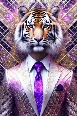 Work of art, Handsome Siberian tiger in a fashionable suit woven from white and purple pink diamonds, fashion art style, fractal of silver and gold threads, empty background, fantasy, grain, Professional digital image RAW, aesthetic, rozhkova_art, glitter, lace, surrealism, hyper-detailing, drawing of details, ink, futurism, dynamics, 32k, digital-art