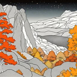 Autumn colors, peaceful, stars, Amano, Egon Schiele, night sky, rock formations, trees, flowers, silver rust gradient, one-line drawing, sharp focus, 8k, 3d, deep field, ornate