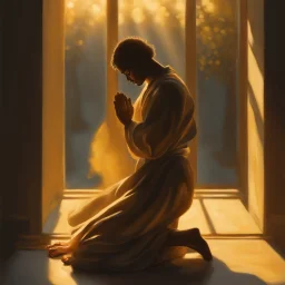 A single figure kneels in prayer, bathed in a warm, golden light spilling through a window. The figure's features are obscured, focusing on the posture of surrender and a subtle glow around the heart area.