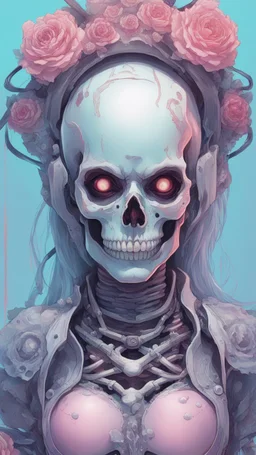 a close up of a person with a skull on their head, anime skull portrait woman, scary detailed art in color, hiroyuki-mitsume takahashi, nychos art aesthetic, half woman half skeleton, anime cyberpunk art, colored manga art, rossdraws pastel vibrant, cold colors. insanely detailed, beautiful anime portrait, stunning anime face portrait, scary art in color