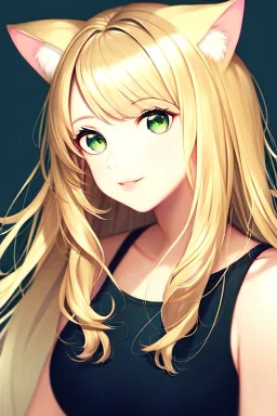 Clear focus,High resolution,High quality, Blonde long hair, green eyes, cat ears, Realistic
