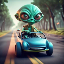 a cartoon alien driving a car down a road, a character portrait by Mike Winkelmann, featured on cgsociety, pop surrealism, rendered in cinema4d, daz3d, behance hd