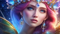 macro photorealistic portrait, sparkling magical fantasy crystal fairy , very detailed, amazing quality, intricate, cinematic light, highly detail, beautiful, surreal, dramatic, galaxy fantasy colors, <lora:SDXLFaeTastic2400:0.3>