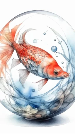 Create a fish in side a crystal ball with a smear . watercolor drawing fine line draw