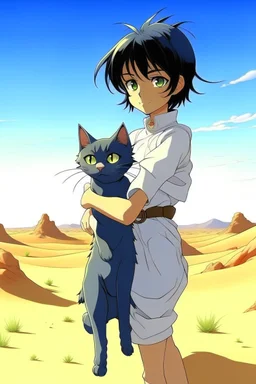 Meryl Stryfe Trigun young girl short black hair anime white clothes standing in the desert with a cat in her arms