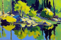 exoplanet, water reflection, rocks, vegetation, konstantin korovin painting