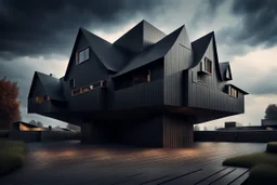 photo from high realistic strange giant asymmetrical weird big house with wide and asymmetrical unique rooftop, deep, dark and complementer colors, metalic, minimalism, random utopistic background, landscape, detailed, sharp focus, cinematic