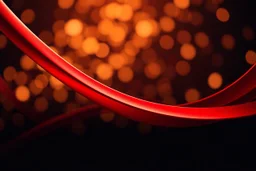 Macro-scale abstract photography of smooth, glossy red metallic ribbons curving diagonally. Vibrant highlights and deep shadows create a strong sense of form and depth. The dark background is filled with soft, warm golden bokeh lights. Professional studio lighting, 8k resolution, sleek and modern aesthetic.