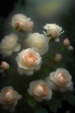 magic A bush of delicate tea roses of dark cream color, the plant is ultra-detailed, rain, beautiful landscape, fog, many details, delicate sensuality, realistic, high quality, 3d, hyperdetalization, filigree, hazy haze, hyperrealism, professional, transparent, delicate pastel tones, back illumination, contrast, fantastic, unreal, translucent, glowing, clear lines, epic fabulous, fabulous landscape, hyperrealism