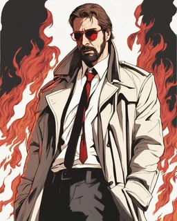 a young man with big muscles who looks like hans gruber wearing a trench coat and red sunglasses staring with an irritated look on his face standing in front of a fire