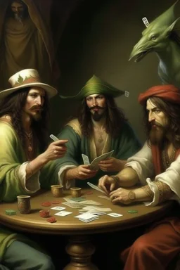 Jesus and some pirates friends smoking and playing cards, davinci.