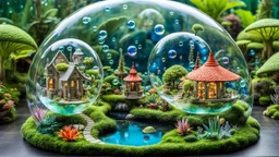 photo from of miniature creatures living in individual floating transparent bubbles. The gallery of bubbles features fantastical landscapes, each one unique and intriguing. In one bubble, a village of extraterrestrial beings thrives, while another features a mystical garden filled with fairies. Another bubble live elves, in another bubble a tropical paradise with dinosaurs. There are bubbles with alien planets, whimsical fairy-tale landscapes, icy land and futuristic city.