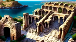 An ancient Phoenician city with a large gate , from down view