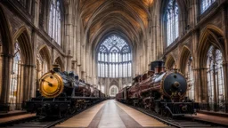 steampunk steam train inside a vast cathedral, award-winning colour photograph