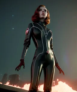 retro sci-fi portrait image from 1960, supermarket parking explosion, fire, classic black widow, young Scarlett Johansson, classic black tight lycra latex suit, retro superhero style, soft color, highly detailed, unreal engine 5, ray tracing, RTX, lumen lighting, ultra detail, volumetric lighting, 3d, finely drawn, high definition, high resolution.