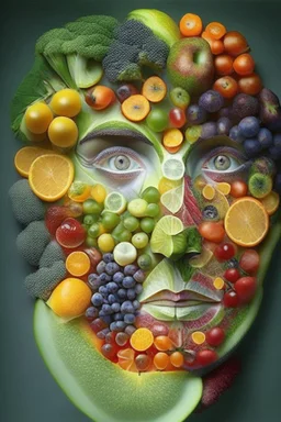 a human face made only of fruits & vegetables