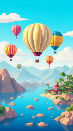 detailed, layered,stylized white vector Logo style (Minimalist art of Stylized minimalist vector art of high color map of a stylish, hot air baloons with palm tree displayed, gardens , vibrant colors, flat GLOSSY perspective, stylized pastal mountains, crisp sharp aesthetic stylized bodies of water, stylized sea water, simple shapes, stylized clouds, vibrant and detailed colors, soft lighting, digital art style, detaile