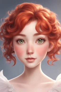 A short girl with thick short wavy red hair, narrow kind eyes with an enthusiastic look. A wide oval face is decorated with an upturned nose and small lips in the style of genshin impact, a full-length ballerina