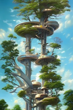 A surreal futuristic stylish modern flat, on Epic tree, treehouse, art by Thomas Kinkade and Lee Madgwick , photorealistic
