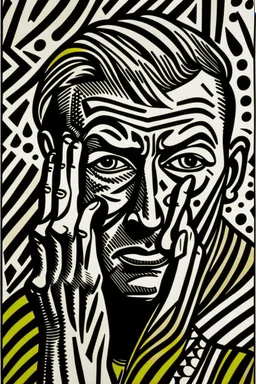 tribal man in grief with hands on face pencil draw style of roy lichtenstein