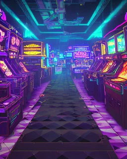 A dark photo of the corners of an 80's aesthetics arcade at night, with a lot of functioning arcade machines, a vaporwave floor and some colorful tiles in between the floor. Purple aesthetics. There are some pizza boxes over some of the arcade machines. The wall has a ticket shop who sells plushies, food and laser tag guns