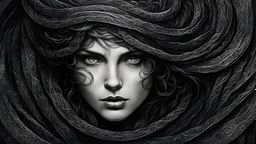 Coiled scourge on a black background (masterpiece, best quality:1.4) , in the style of nicola samori, illustration by Roy Krenkel, extremely detailed, intricate background details, close-up, beauty, clean ink lines, fine details, crosshatching shadows, etching, rpg portrait