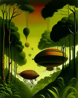 Beehive airships hovering over a jungle painted by Henri Rousseau