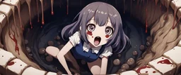 Anime girl with big eyes, darkblue and sepia tones, fullbody, slime, the perspective looking up from the bottom of an empty well, rolling eyes, tongue out, blood drip, open mouth,