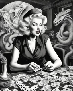 awesome mc escher illustration black and white style beautiful woman marilyn monroe playing poker smoking hip hop gangster hat chasing dragon, (illustration: 1.3), masterpiece, awesome illustration