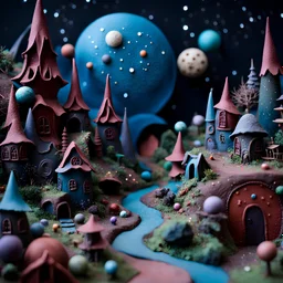 Detailed creepy landscape made of modeling clay, village, stars and planets, Roger Dean, naïve, Tim Burton, strong texture, Ernst Haekel, extreme detail, Max Ernst, decal, rich moody colors, sparkles, Yves Tanguy, bokeh, odd