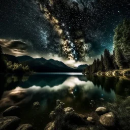 stunning night sky filled with stars and the Milky Way over a tranquil lake. --sref 4078766316 4149964749 2970491688 --v 6.0 --s 400 --p rcp1jio --style raw Modifiers: elegant Award winning photography fantasy illustration 8k very attractive beautiful fantastic view hyperrealistic 4K 3D crisp quality Unreal Engine cinematic postprocessing Thomas Kinkade pencil sketch stars Arthur Rackham Surrealism neon glowing Planets luminism Iridescent black ink lines Heavenly bodies Ink on water Thomas Kinka