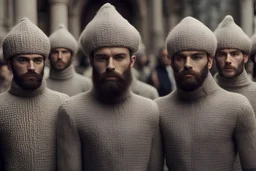 mood tones hiper-realistic HD handsome bearded armenian futuristic knitted Balmain soldiers brotherhood fashion catwalk, detail faces and body parts, by Sergei Parajanov-Alejandro Jodorowsky movie stile