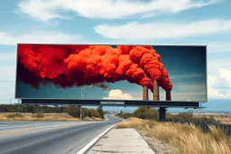 surreal full color photograph, long shot of a billboard on side of a highway containing a modern mural of giant smokestacks spewing thick crimson billowy smoke that transgresses the billboard pouring into the real sky congealing into a cloud on the horizon, surreal, sophisticated, profound, dramatic