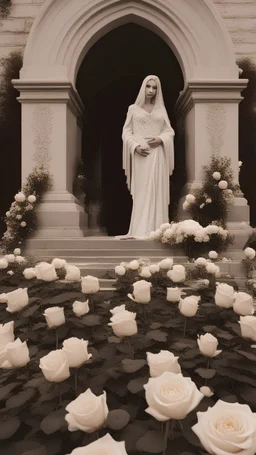 A grave in a field of white roses. Above the grave are swan feathers, a carved dagger, and white lace cloth.cinematic.