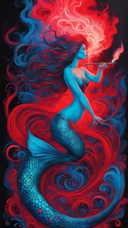 Bosch painting style of Red smoke, neon Blue ink swirls, trippy, beautifully lit, detailed of a mermaid