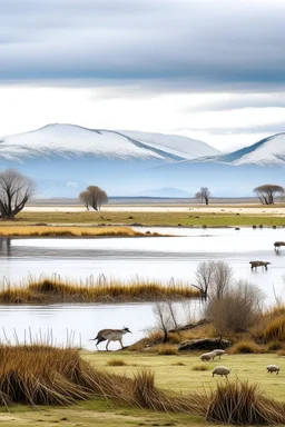 paisaje del sur argentino, con lago, día frio y nevado, incluyendo varios animales autóctonos bien definidos( ciervos, peces, aves, etc.)