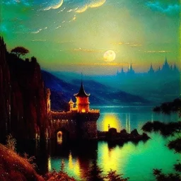 Drawing of 'Medieval Romanian Castle',bats,mountain,lake,full moon, by gaston bussiere, greg rutkowski, yoji shinkawa, yoshitaka amano, tsutomu nihei, donato giancola, tim hildebrandt, oil on canvas, cinematic composition, extreme detail,fit full head inside picture,16k