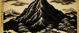 A brownish bronze mountain covered in tar designed in Scandinavian folk art painted by Katsushika Hokusai