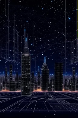 New York City buildings at night in Abstract Fluid, Galaxy nebula thin line draw style