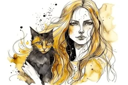 long haired woman with cat, white watercolor and black ink, golden glitters