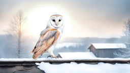 a barn owl sitting an old ruined rooftop and looking to te camera, over a winter landscacpe with european forest , little light, sunrise, one old ruined small hut from stands above, high detailed, sharp focuses, photorealistic, perspective, cinematic