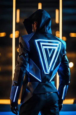 cyberpunk, neon blue, triangle of light behind the back, cyber suit, geometric patterns on a suit, male