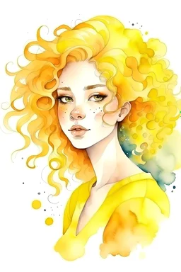 Watercolor yellow pastel curly hair girl