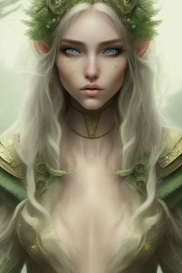 Elf Ranger, dnd character portrait, pale green eyes, blonde hair, earth tone clothes, hyperrealistic, intricate details, insanely detailed, forest background, natural lighting