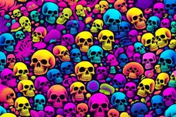 a field of 1000s of psychedelic psilocybin induced anatomically correct, skulls, vivid RANDOM BRIGHT neon colors, dark comedy, well lit, high detail, photorealistic, horrorcore, fun, scary, none featured, each a different color or hue,