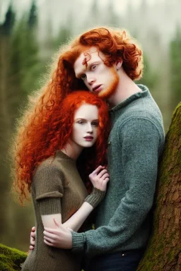 Jeune couple, visage hyper détaillé, réaliste. Forêt fantaisiste détaillée,paysage magnifique, Fille rousse aux cheveux raides et longs, garçon grand, musclé très longs cheveux bruns très bouclés. Fille jean pull, garçon tenue de bûcheron.